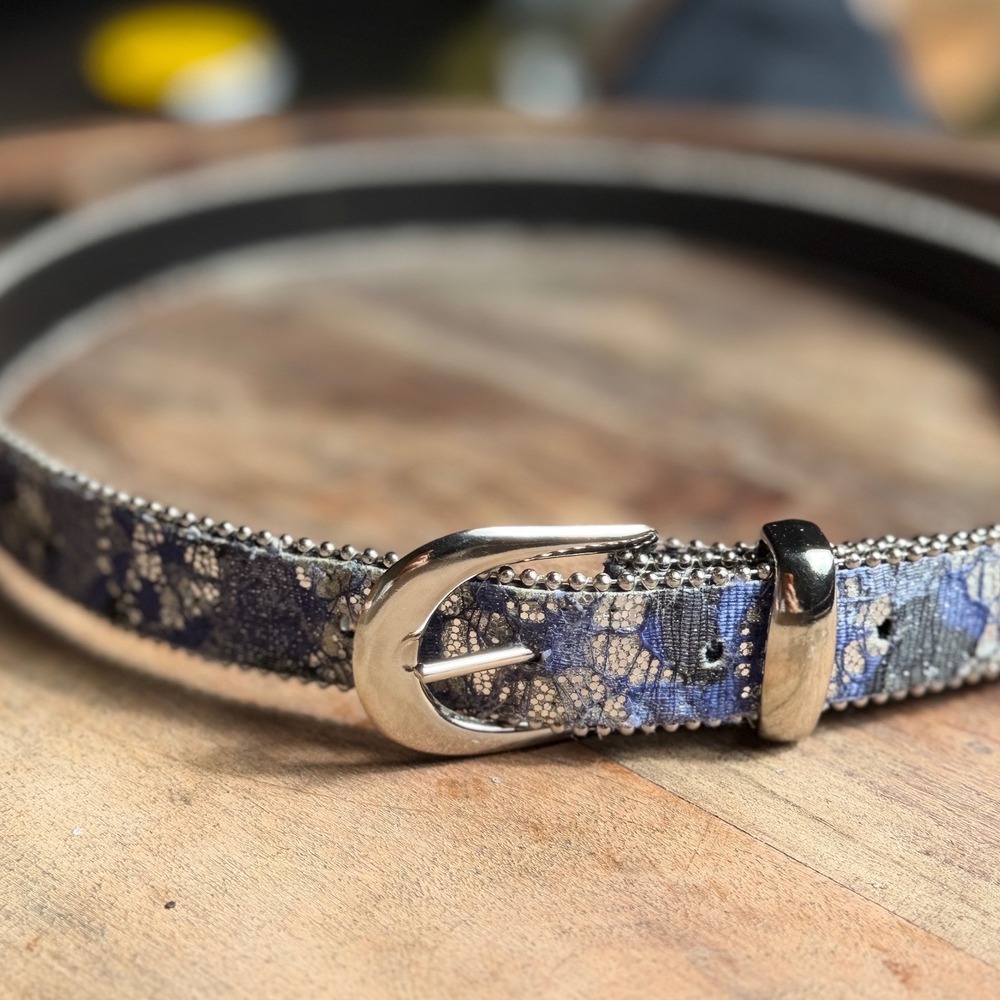 Blue Silver Metallic Leather Statement Belt Floral Western Boho Small